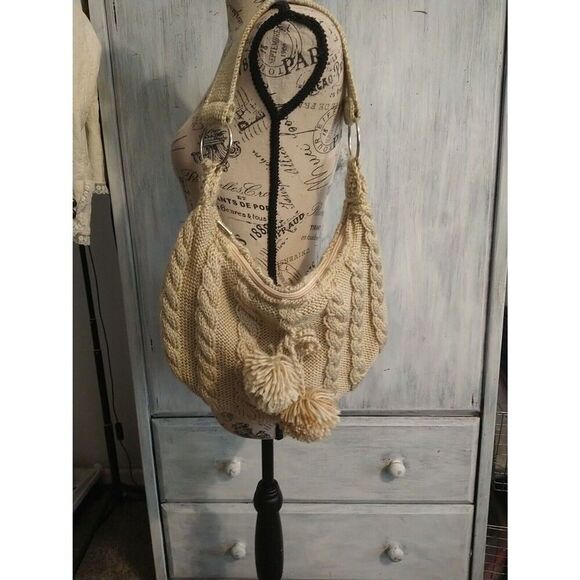Chateau Knitted Pom Pom Shoulder Beige Bag Boho Hobo Winter - Picture 7 of 11